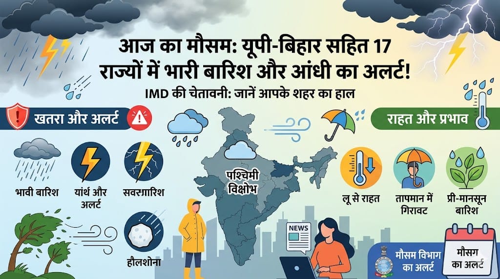 आज का मौसम लाइव: यूपी, बिहार और दिल्ली समेत 17 राज्यों में भारी बारिश का अलर्ट, IMD की बड़ी चेतावनी जारी