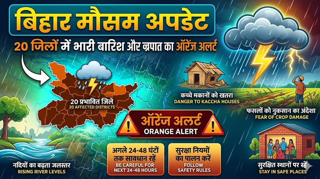 बिहार मौसम अपडेट: 20 जिलों में भारी बारिश और बिजली गिरने का ऑरेंज अलर्ट, जानें अपने जिले का हाल