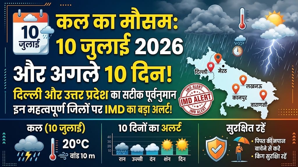 कल का मौसम 10 जुलाई 2026: UP और दिल्ली में भयंकर बारिश का अलर्ट! जानिए अगले 10 दिनों का हाल