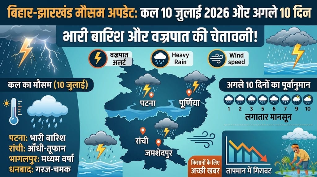 कल का मौसम 10 जुलाई 2026: बिहार-झारखंड के इन जिलों में मूसलाधार बारिश का ऑरेंज अलर्ट, देखें अगले 10 दिनों का हाल!