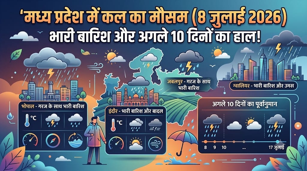 एमपी में कल का मौसम 8 जुलाई 2026: भोपाल, इंदौर में भारी बारिश की चेतावनी, देखें अगले 10 दिनों का वेदर फॉरकास्ट