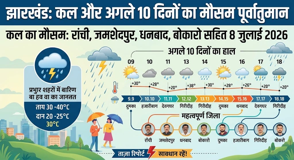 कल का मौसम 8 जुलाई 2026 को रांची, धनबाद, जमशेदपुर में भारी बारिश का अलर्ट, अगले 10 दिनों तक मूसलाधार वर्षा की चेतावनी