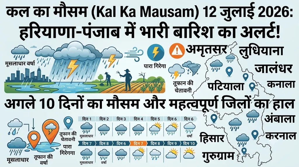 कल का मौसम 12 जुलाई 2026: हरियाणा और पंजाब में भारी बारिश का अलर्ट, जानिए आपके जिले में कैसा रहेगा मौसम का मिजाज
