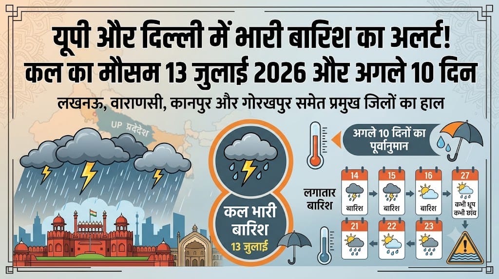 कल का मौसम 13 जुलाई 2026: यूपी और दिल्ली के इन जिलों में होगी भारी बारिश, मौसम विभाग ने जारी किया अलर्ट, जानें अगले 10 दिनों का हाल
