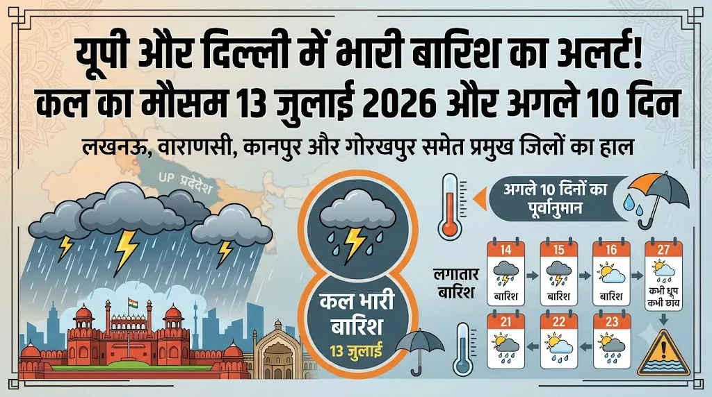 कल का मौसम 13 जुलाई 2026: यूपी और दिल्ली के इन जिलों में होगी भारी बारिश, मौसम विभाग ने जारी किया अलर्ट, जानें अगले 10 दिनों का हाल
