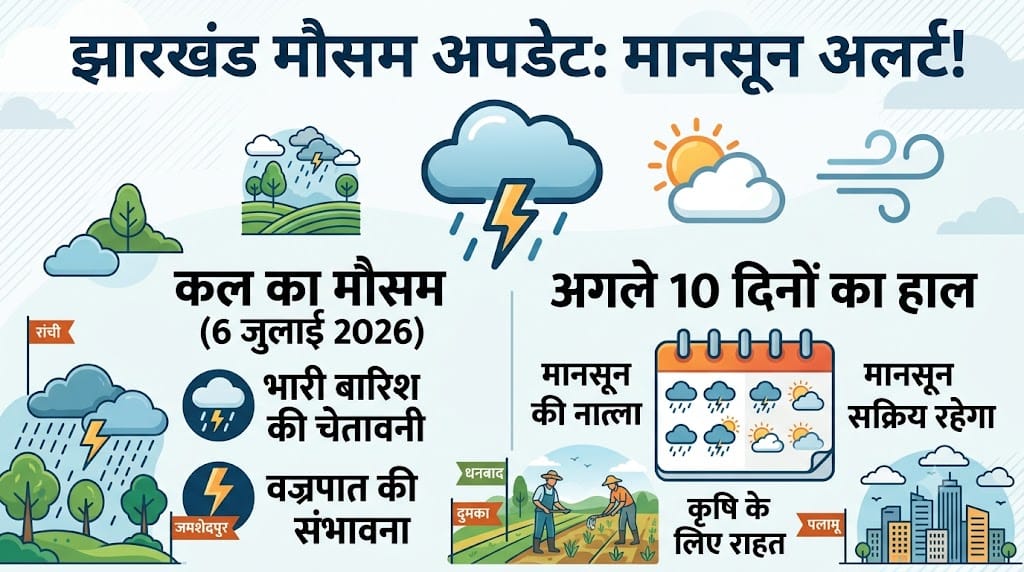 कल का मौसम 6 जुलाई 2026: झारखंड के इन जिलों में भारी बारिश का रेड अलर्ट, देखें अगले 10 दिनों का मौसम समाचार