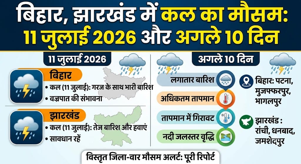 कल का मौसम 11 जुलाई 2026: बिहार-झारखंड में भारी बारिश और बिजली गिरने का अलर्ट, अगले 10 दिनों के मौसम की पूरी रिपोर्ट
