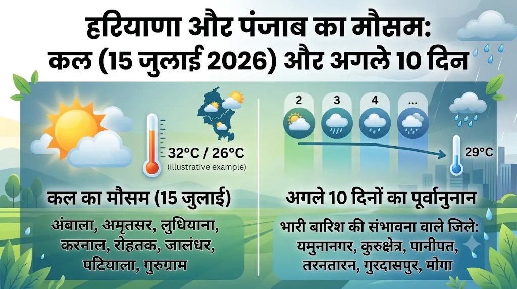 HARYANA PUNJAB WEATHER: कल का मौसम 15 जुलाई 2026 को बदलेगी करवट, अगले 10 दिनों तक इन जिलों में भारी बारिश का रेड अलर्ट!
