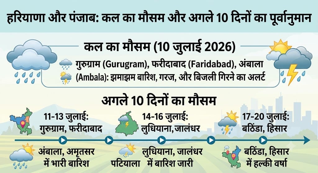 कल का मौसम 10 जुलाई 2026: हरियाणा और पंजाब के इन जिलों में होगी भारी बारिश, IMD ने जारी किया अगले 10 दिनों का हाई अलर्ट!