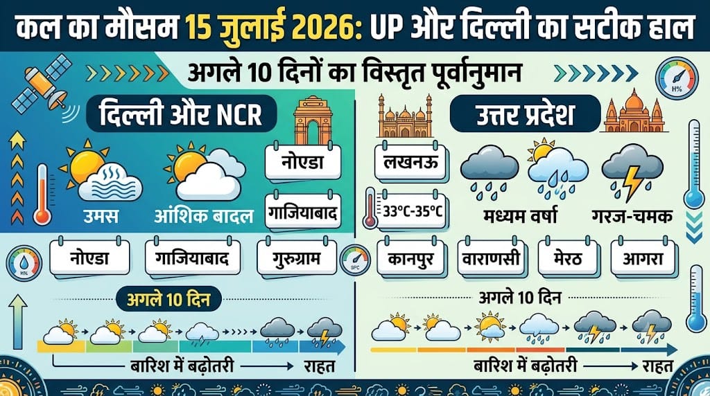 UP-Delhi Weather Update: सावधान! कल का मौसम 15 जुलाई 2026 को बदलेगा मिजाज, जानें अगले 10 दिनों का भारी बारिश और उमस का पूरा हाल