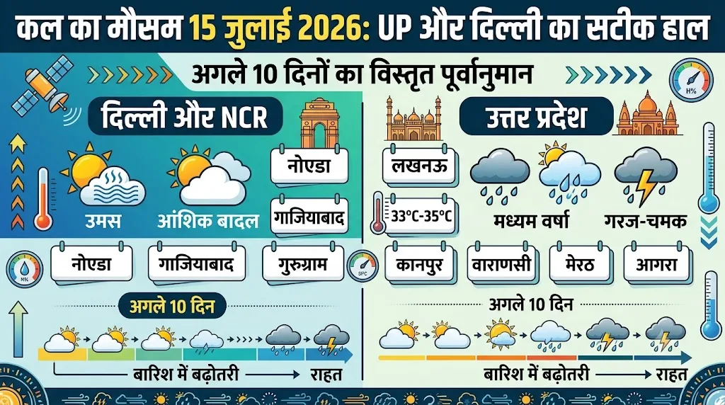 UP-Delhi Weather Update: सावधान! कल का मौसम 15 जुलाई 2026 को बदलेगा मिजाज, जानें अगले 10 दिनों का भारी बारिश और उमस का पूरा हाल