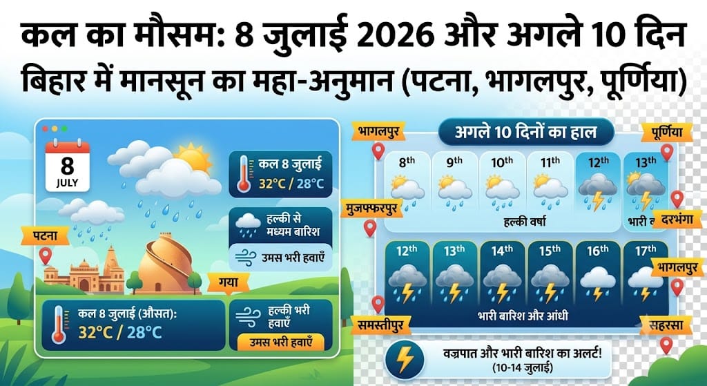 कल का मौसम 8 जुलाई 2026: बिहार के पटना, गया और भागलपुर समेत कई जिलों में भारी बारिश का अलर्ट, जानें अगले 10 दिनों का मौसम हाल!