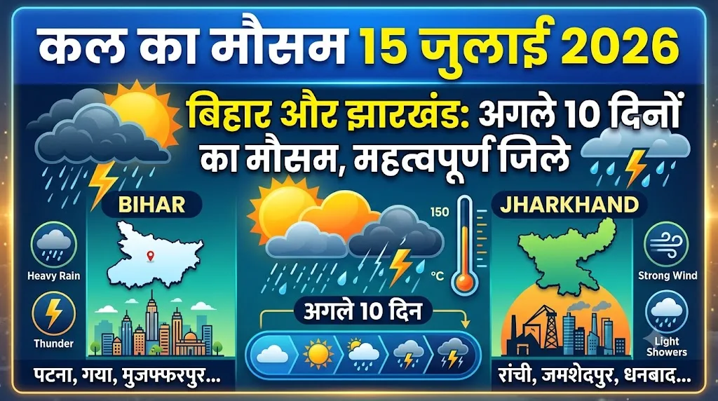 कल का मौसम 15 जुलाई 2026: बिहार-झारखंड में भारी तबाही का अलर्ट! रांची, पटना समेत इन 15 जिलों में गिरेगी बिजली, अगले 10 दिनों तक झमाझम बारिश