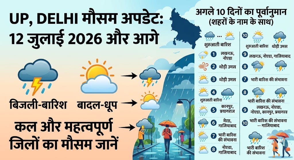 UP Delhi Weather Update: कल का मौसम 12 जुलाई 2026 को बदलेगा रूप, अगले 10 दिन इन जिलों में भारी बारिश का अलर्ट!