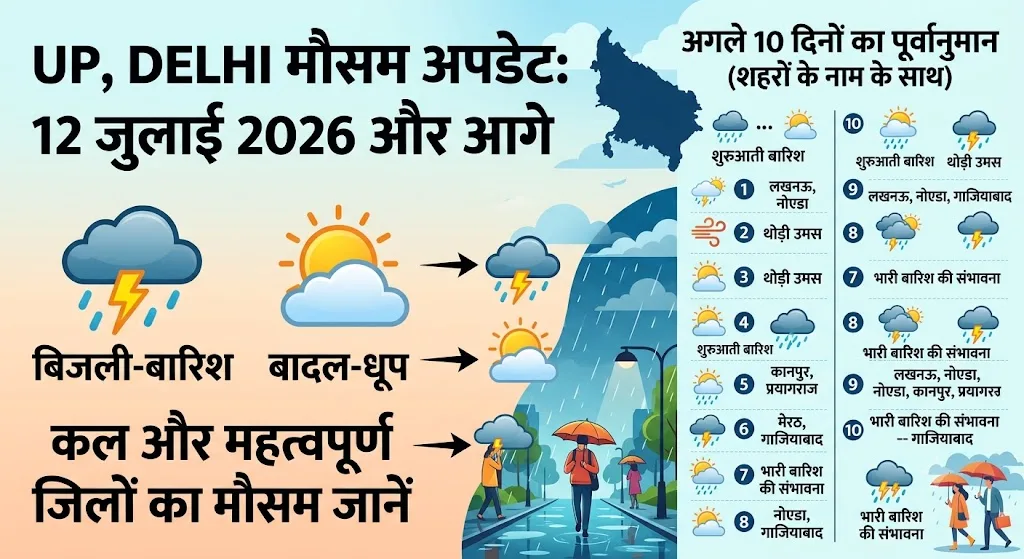 UP Delhi Weather Update: सावधान! कल का मौसम 12 जुलाई 2026 को बदलेगा चाल, अगले 10 दिनों तक इन जिलों में भारी बारिश का तांडव, देखें IMD का रेड अलर्ट