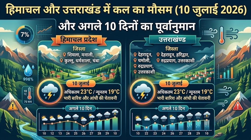 कल का मौसम 10 जुलाई 2026: हिमाचल और उत्तराखंड में भारी आंधी-तूफान का Red Alert, अगले 10 दिनों का मौसम देखें