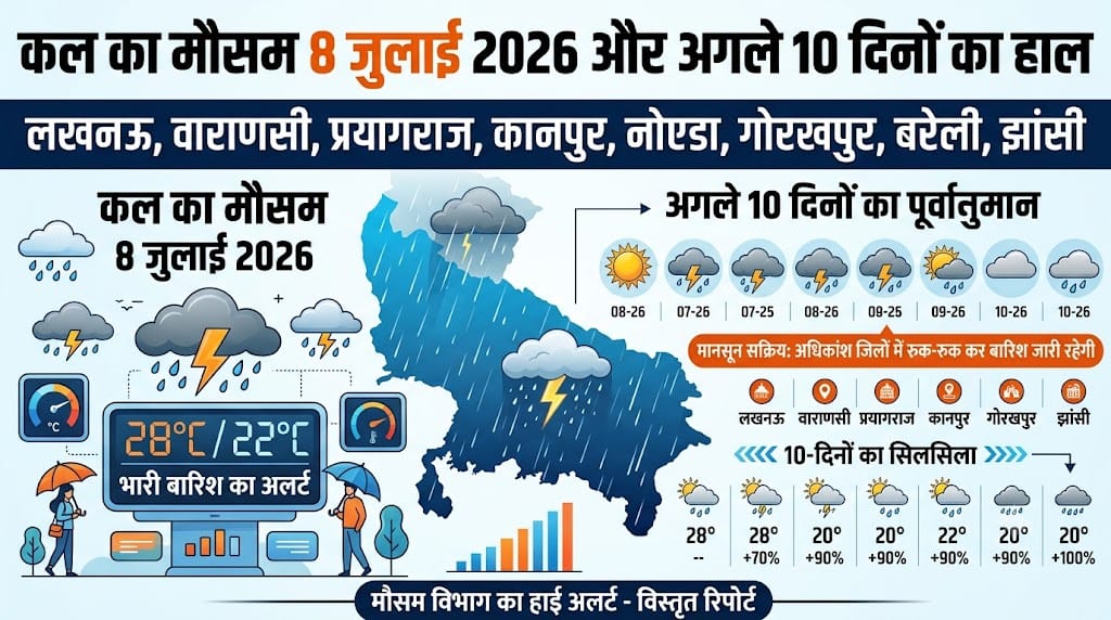 कल का मौसम 8 जुलाई 2026: यूपी के इन 10 जिलों में मौसम विभाग का भारी बारिश का हाई अलर्ट, देखें अगले 10 दिनों का हाल